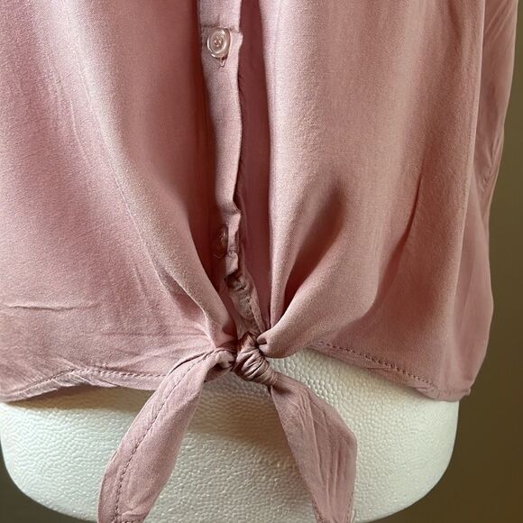 Pink Republic pink cuffed short sleeve button front top ties @ waist pocket SZ L - Picture 2 of 10